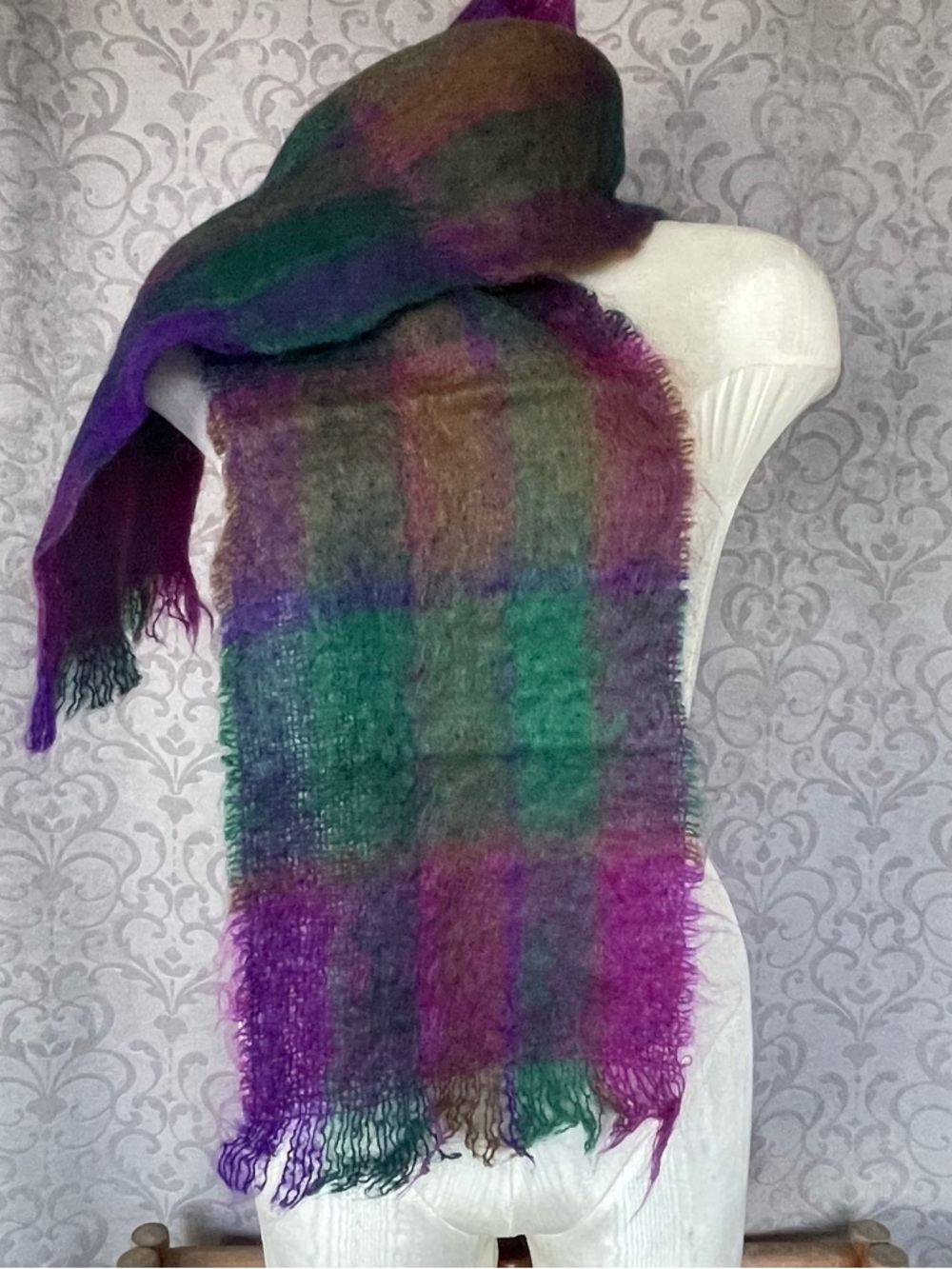 Luxurious Multicolor Plaid Mohair Blend Scarf - Purple & Green